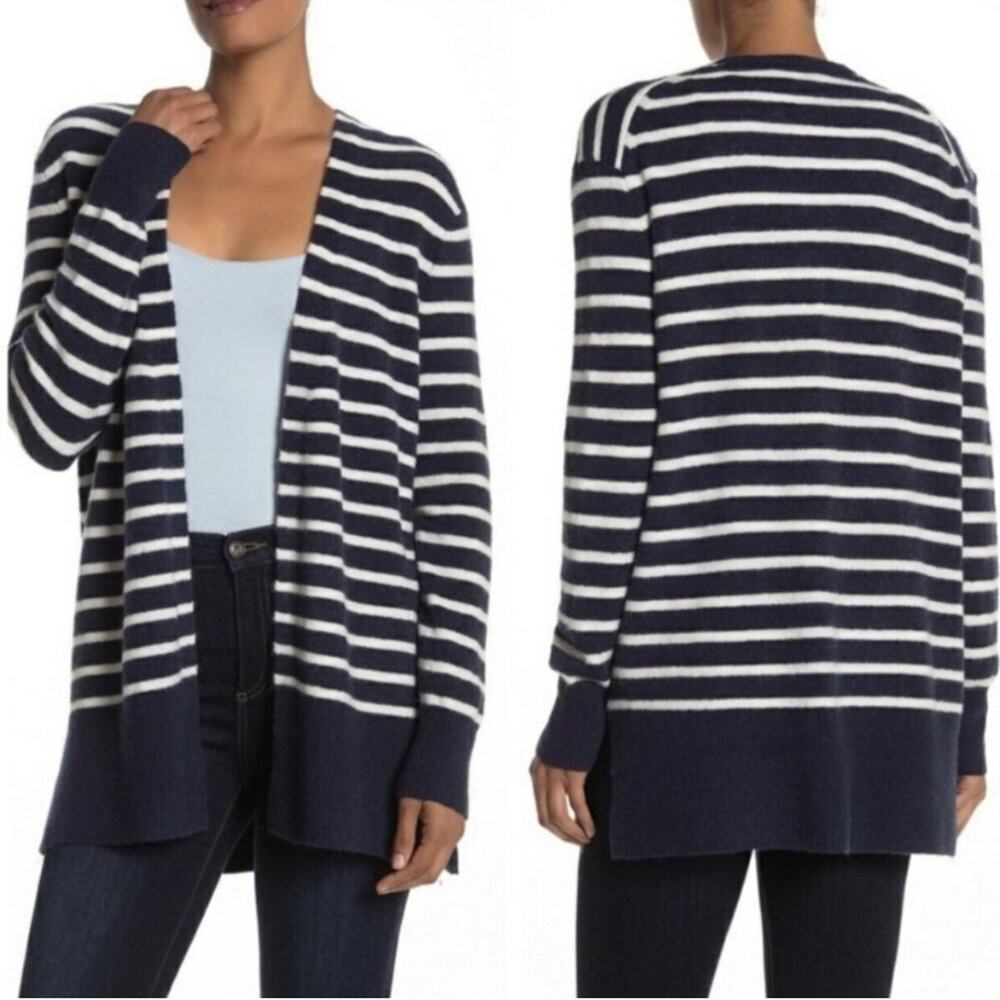 MADEWELL Cozy Walker Open Cardigan Wool Alpaca Blue White Stripe Sweater Large
